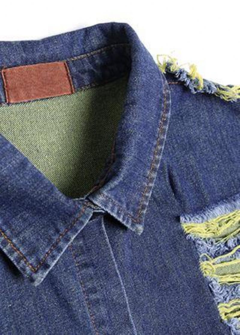 Håndlavet Denim Blå Patchwork Ærme Fine Frakker Kvinder Photography Hollow Out Efterårsfrakker - Dame trenchcoats