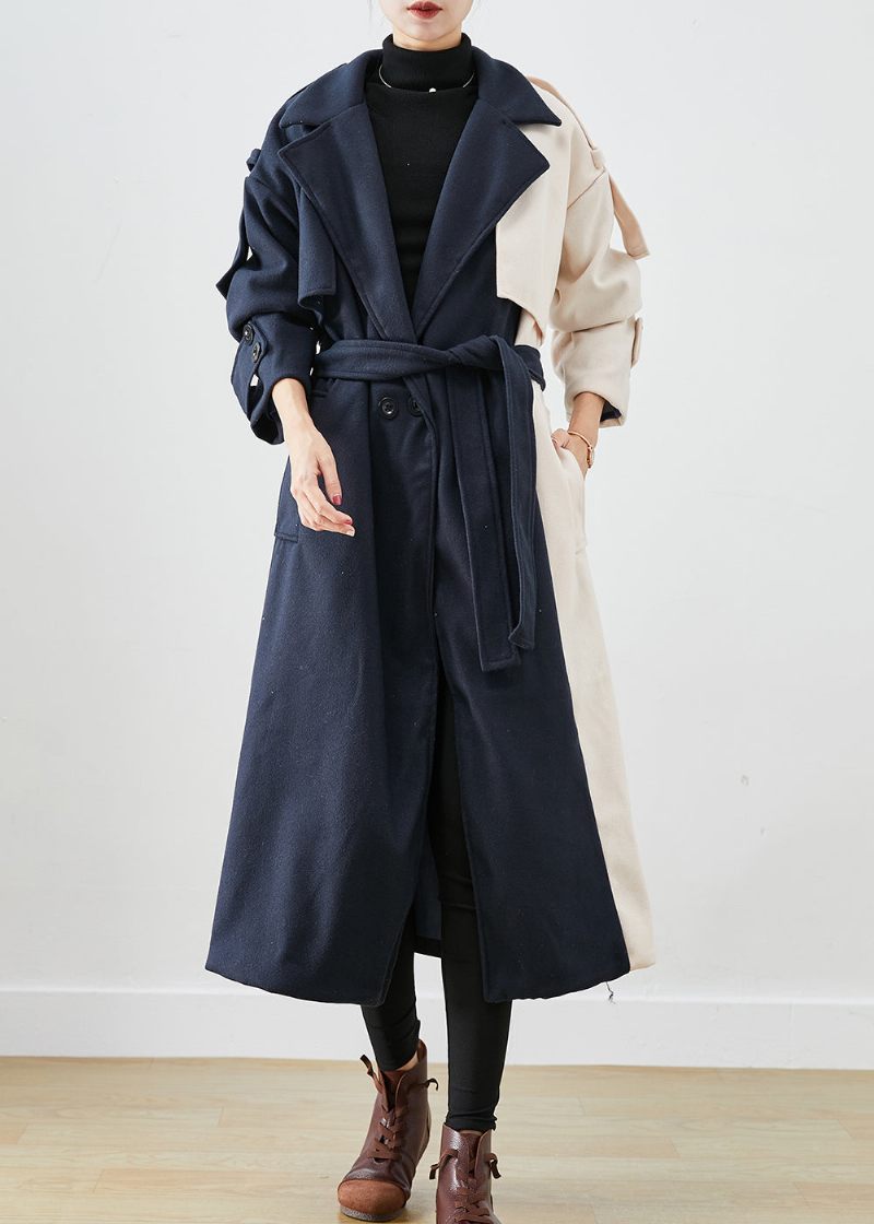 Håndlavet Marineblå Asymmetrisk Patchwork Ulden Trenchcoats Efterår - Dame trenchcoats