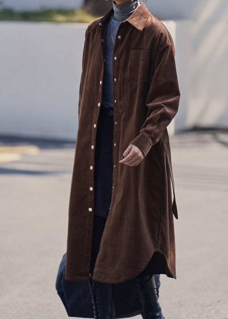 Håndlavet Revers Button Down Trenchcoat Chokolade Midi Frakke