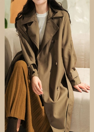 Italiensk Chokolade Peter Pan Krave Dobbelt Bryst Sashes Bomuld Trench Coat Fall