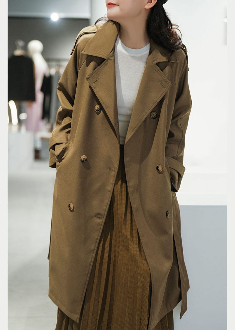 Italiensk Chokolade Peter Pan Krave Dobbelt Bryst Sashes Bomuld Trench Coat Fall - Dame trenchcoats