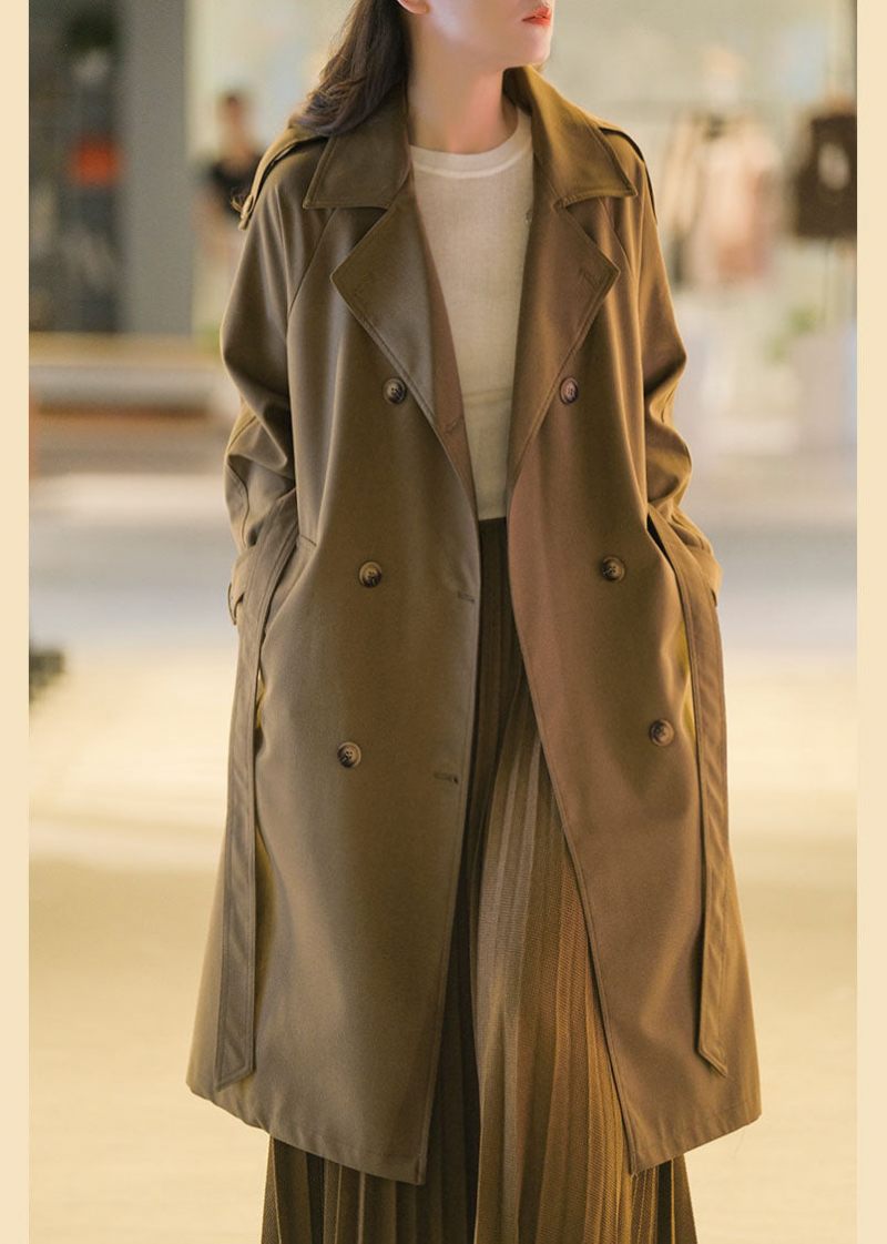 Italiensk Chokolade Peter Pan Krave Dobbelt Bryst Sashes Bomuld Trench Coat Fall - Dame trenchcoats