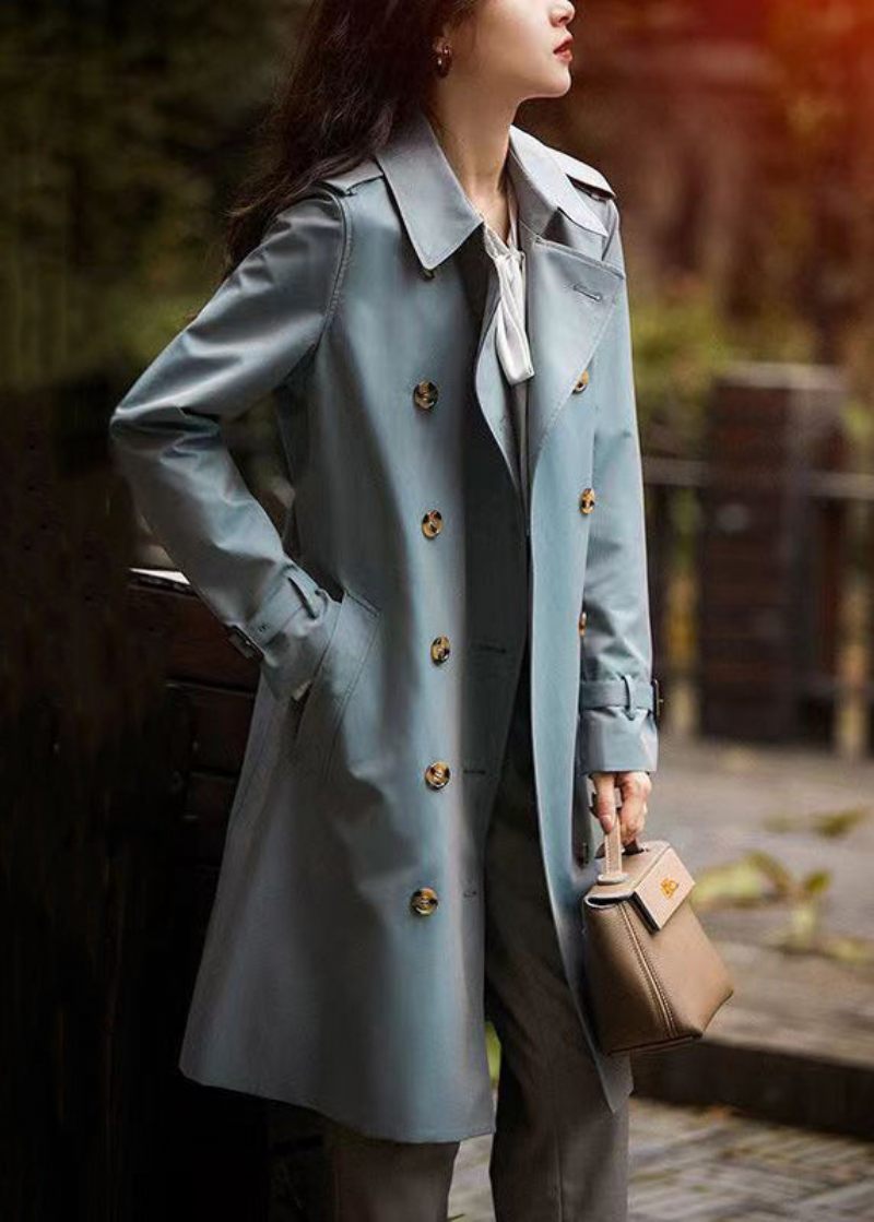 Italiensk Grå Blå Knap Tie Talje Lommer Bomuld Trench Coat Fall - Dame trenchcoats