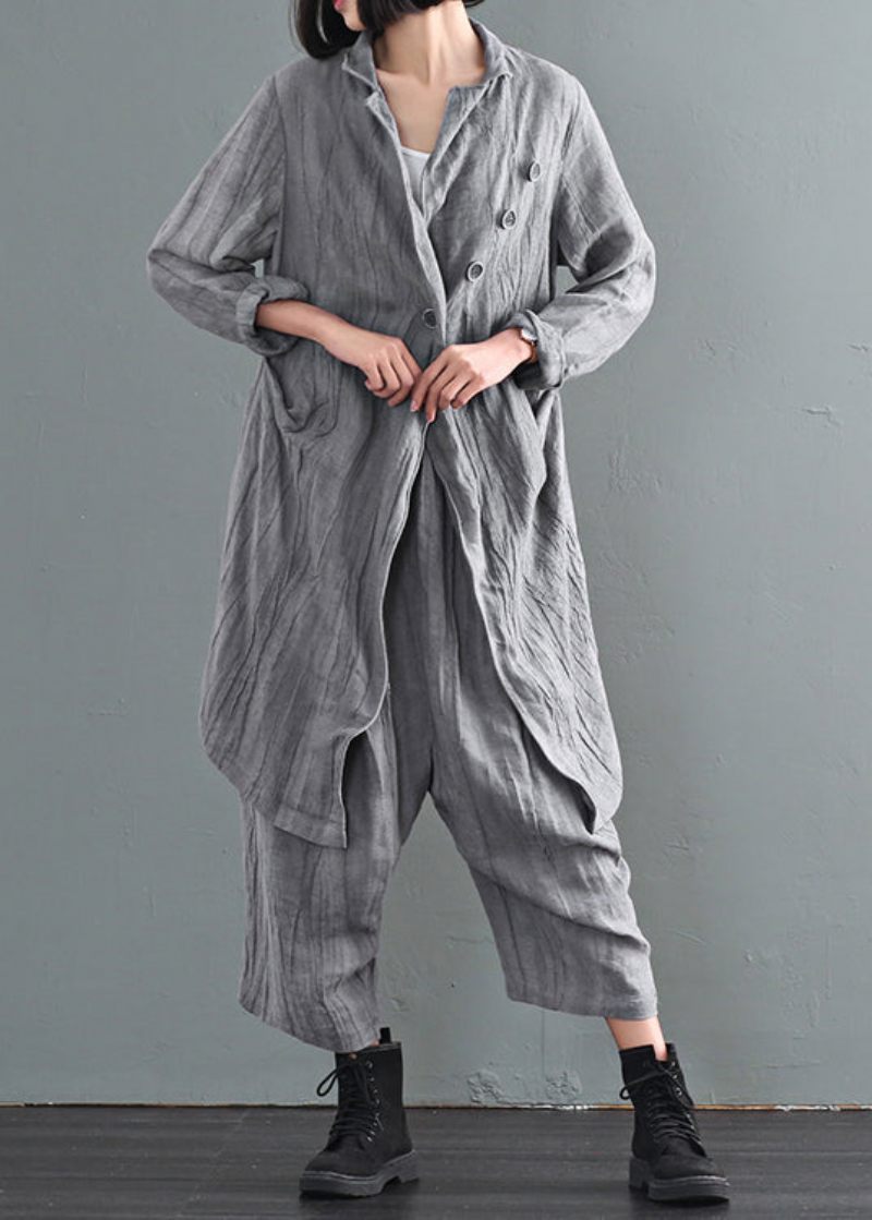 Italiensk Grå Oversized Tie Dye Linen Coat Outwear Efterår - Dame trenchcoats