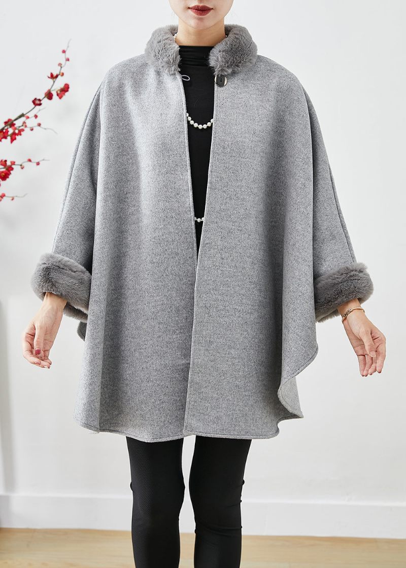 Italiensk Grå Pelskrave Oversized Uldfrakker Batwing Sleeve - Dame trenchcoats