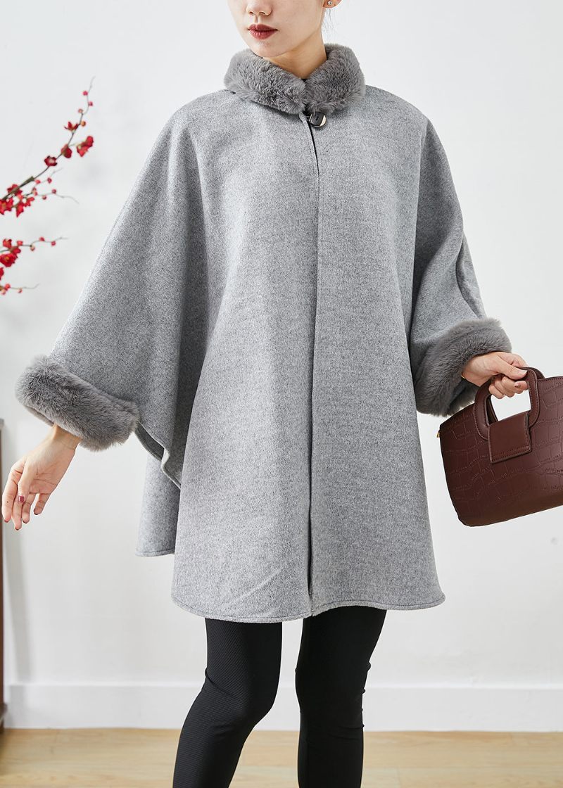 Italiensk Grå Pelskrave Oversized Uldfrakker Batwing Sleeve - Dame trenchcoats