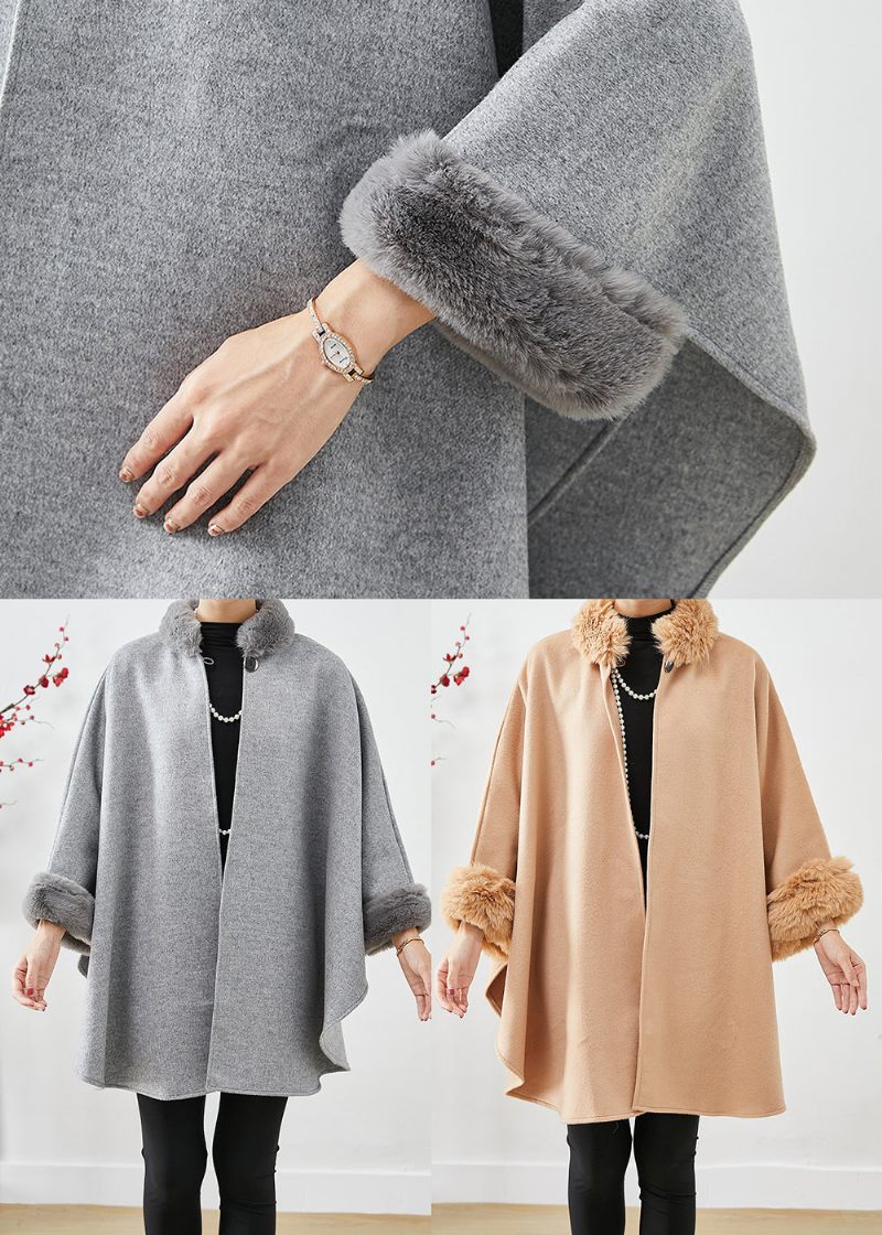 Italiensk Grå Pelskrave Oversized Uldfrakker Batwing Sleeve - Dame trenchcoats