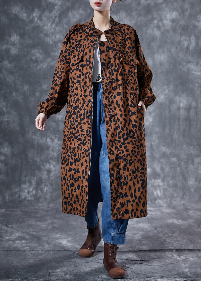 Italiensk Kaffe Oversized Leopardprint Lommer Bomuld Trench Coat Spring