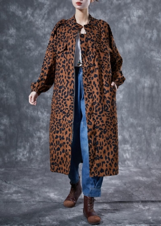 Italiensk Kaffe Oversized Leopardprint Lommer Bomuld Trench Coat Spring