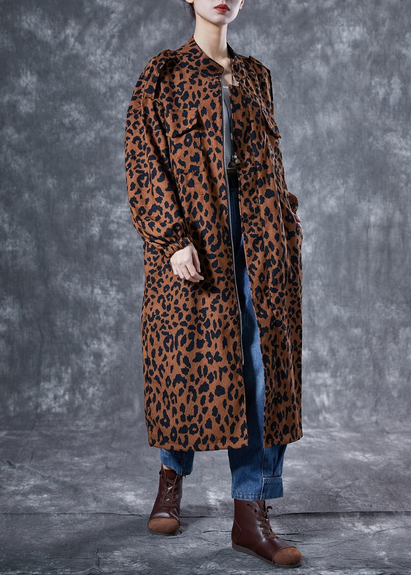 Italiensk Kaffe Oversized Leopardprint Lommer Bomuld Trench Coat Spring - Dame trenchcoats