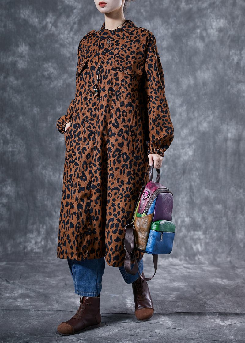 Italiensk Kaffe Oversized Leopardprint Lommer Bomuld Trench Coat Spring - Dame trenchcoats