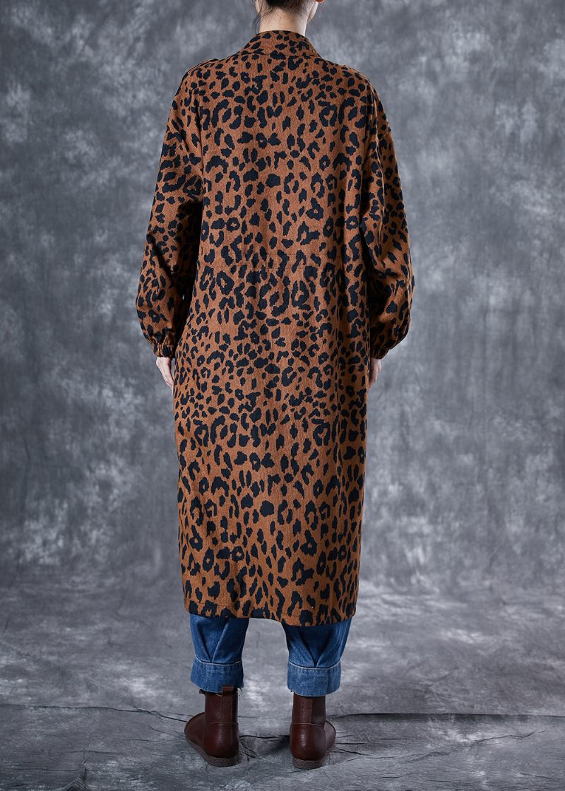 Italiensk Kaffe Oversized Leopardprint Lommer Bomuld Trench Coat Spring - Dame trenchcoats