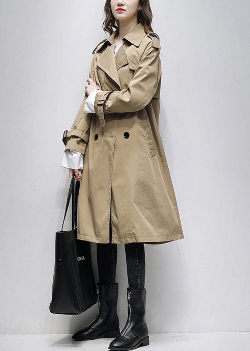 Italiensk Khaki-hak Med Dobbeltbrystlommer Bomuld Trench Spring - Dame trenchcoats