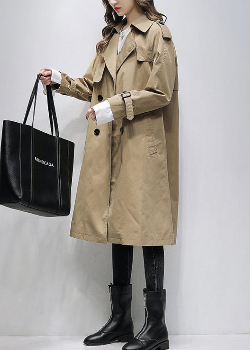 Italiensk Khaki-hak Med Dobbeltbrystlommer Bomuld Trench Spring - Dame trenchcoats