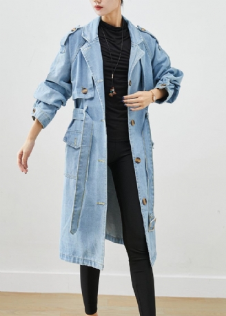 Italiensk Lyseblå Kærv Slips Talje Denim Trench Coat Efterår