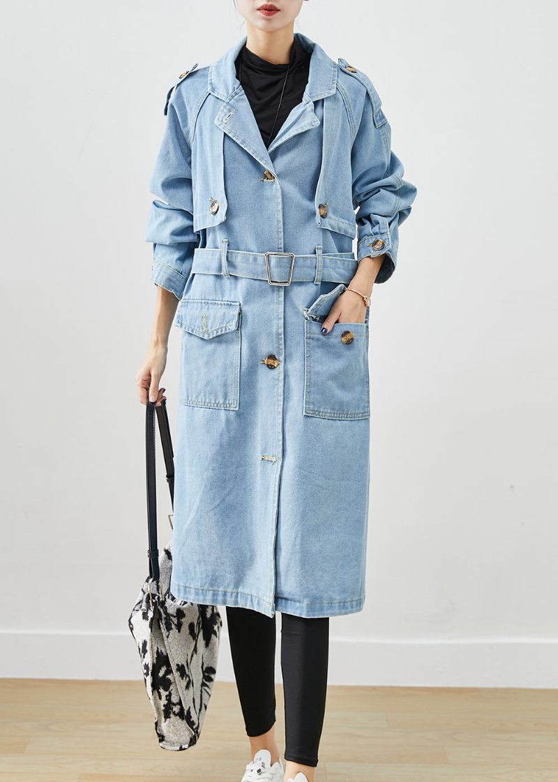 Italiensk Lyseblå Kærv Slips Talje Denim Trench Coat Efterår - Dame trenchcoats