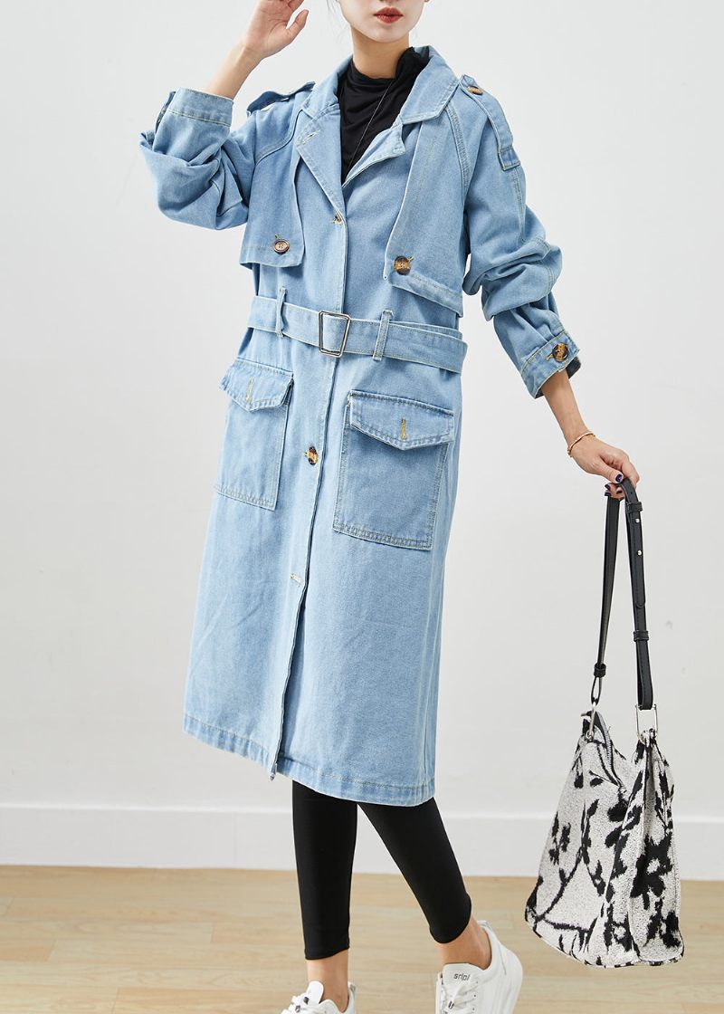 Italiensk Lyseblå Kærv Slips Talje Denim Trench Coat Efterår - Dame trenchcoats