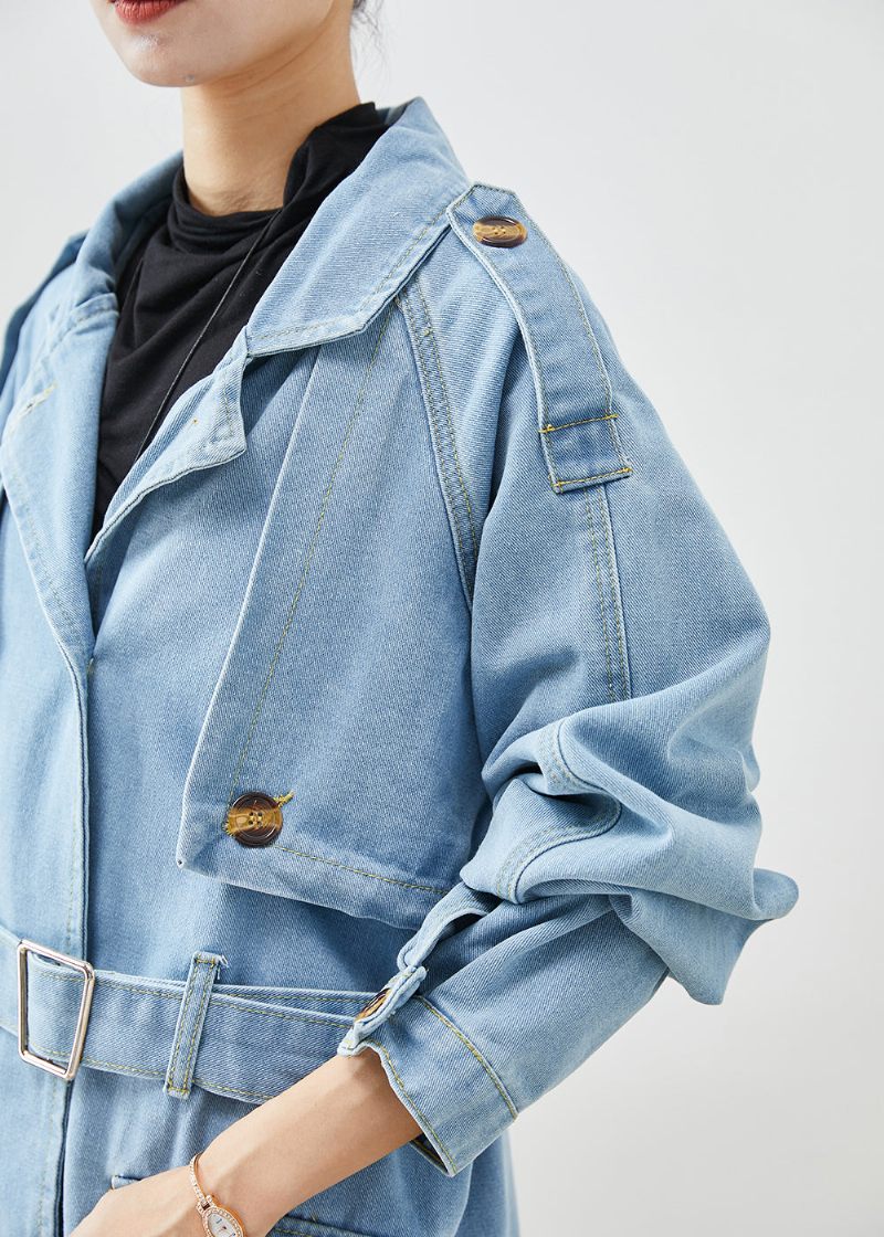 Italiensk Lyseblå Kærv Slips Talje Denim Trench Coat Efterår - Dame trenchcoats