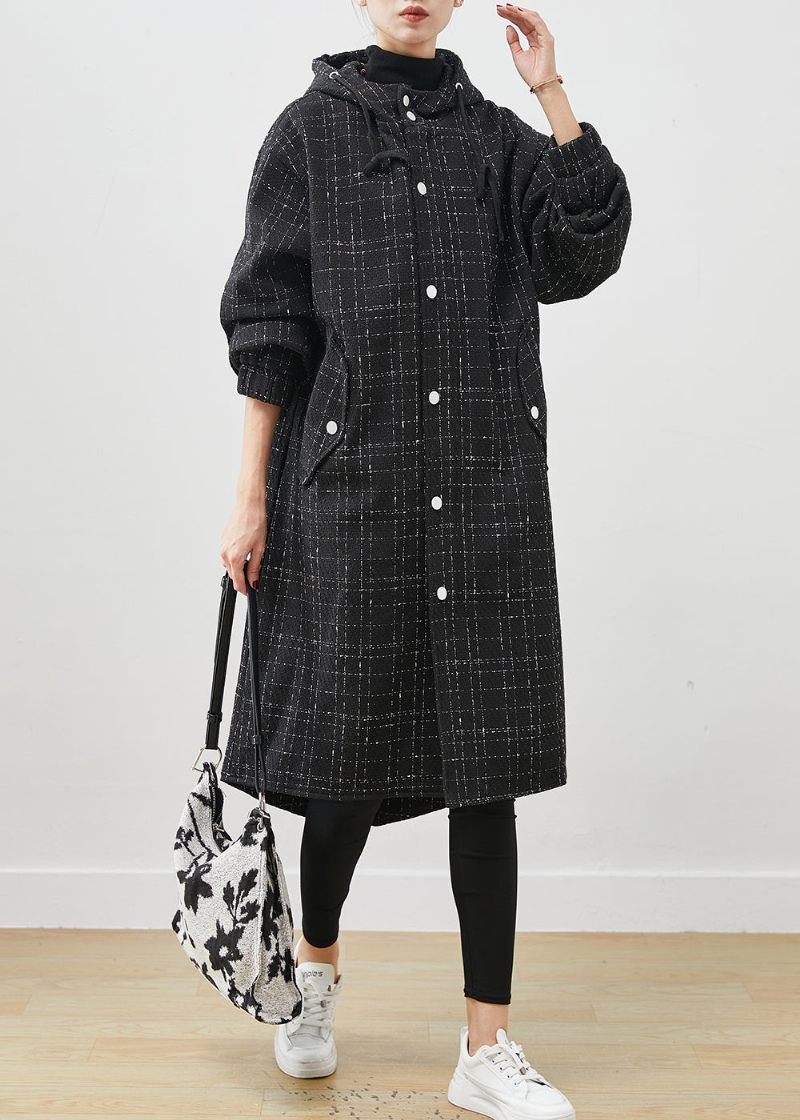 Italiensk Sort Hætte Plaid Ulden Frakke Outwear Spring - Dame trenchcoats