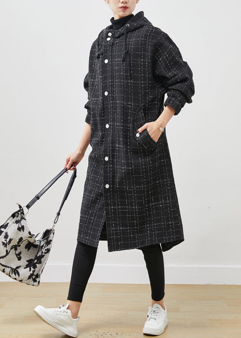 Italiensk Sort Hætte Plaid Ulden Frakke Outwear Spring - Dame trenchcoats