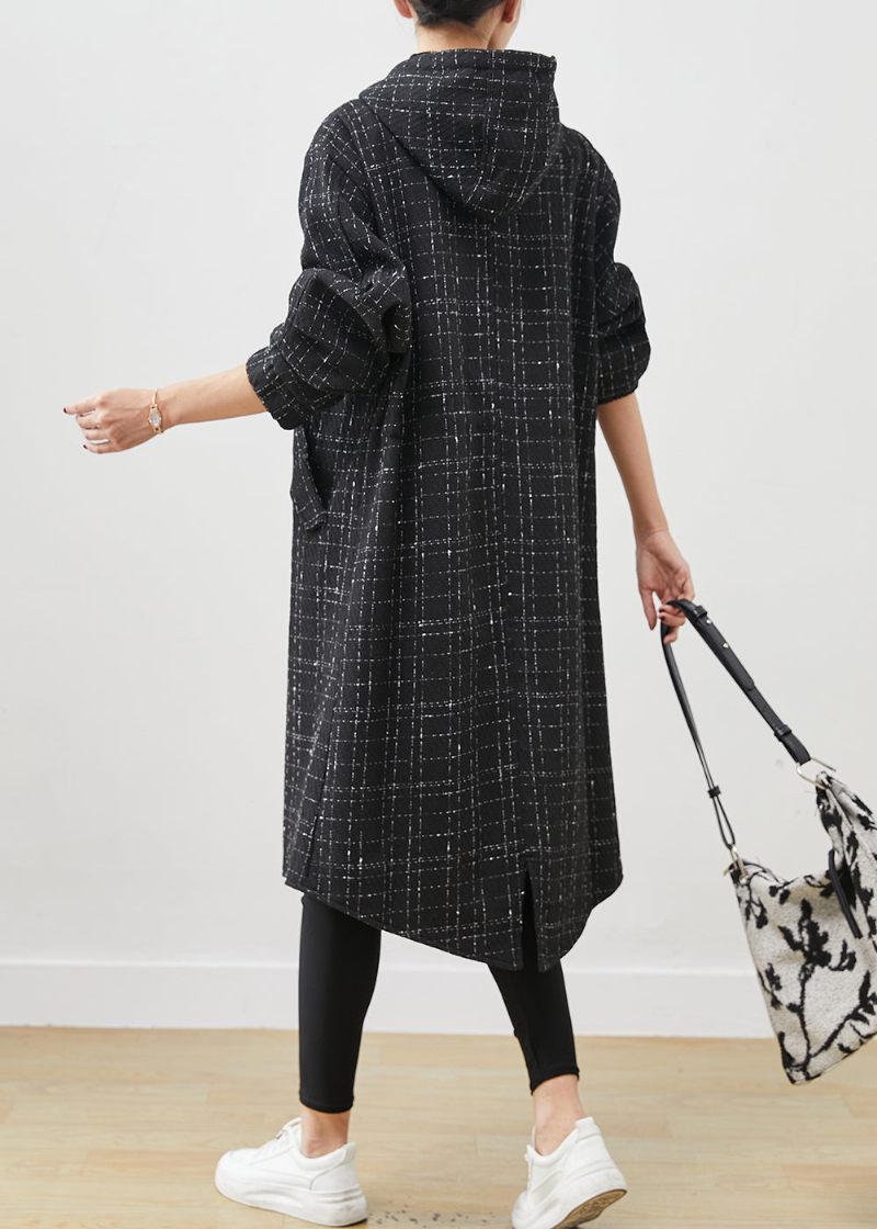 Italiensk Sort Hætte Plaid Ulden Frakke Outwear Spring - Dame trenchcoats