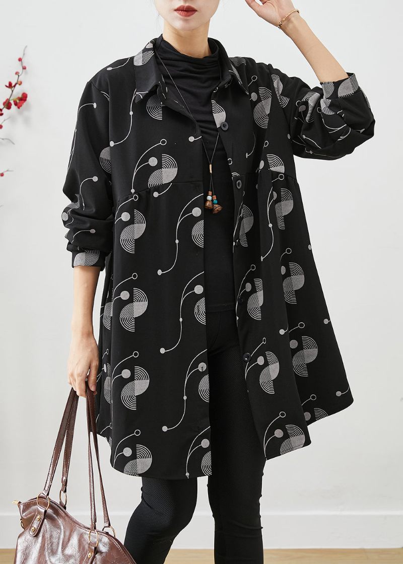 Italiensk Sort Oversized Print Bomuld Trench Fall