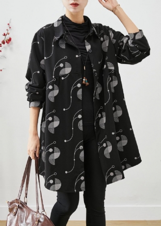 Italiensk Sort Oversized Print Bomuld Trench Fall