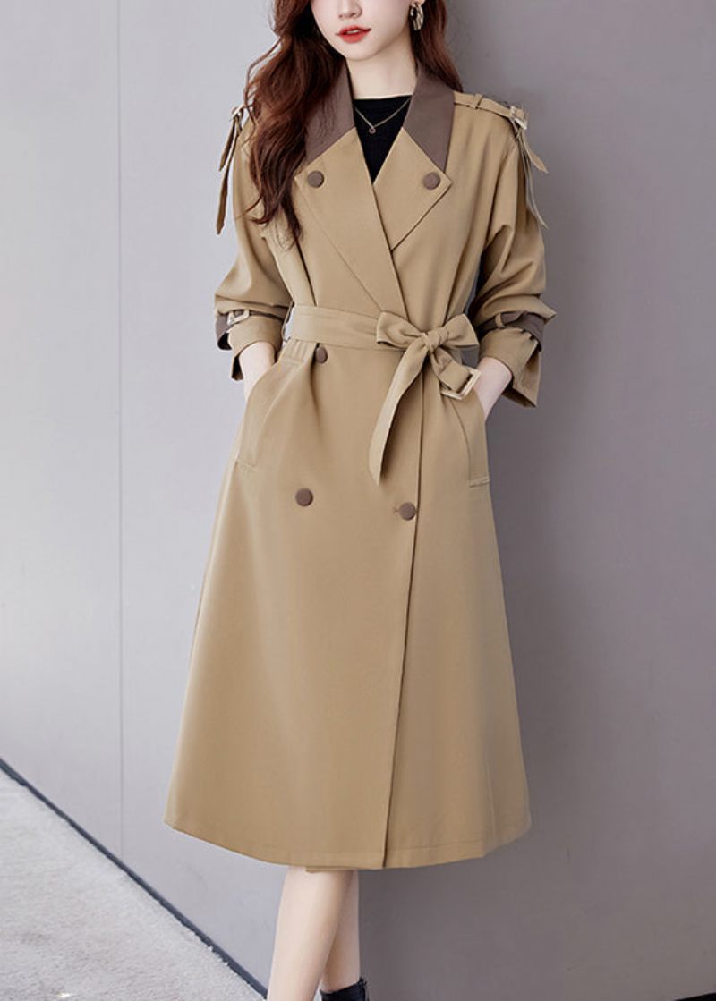 Khaki Lommer Patchwork Trench Coat I Bomuld Med Indhakkede Lange Ærmer - Dame trenchcoats