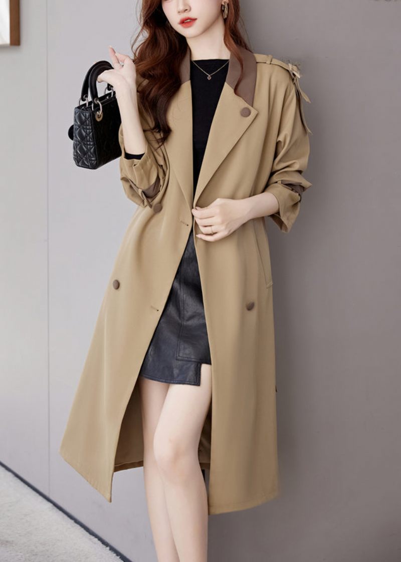 Khaki Lommer Patchwork Trench Coat I Bomuld Med Indhakkede Lange Ærmer - Dame trenchcoats