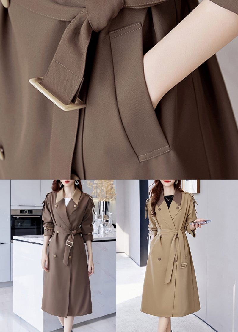 Khaki Lommer Patchwork Trench Coat I Bomuld Med Indhakkede Lange Ærmer - Dame trenchcoats