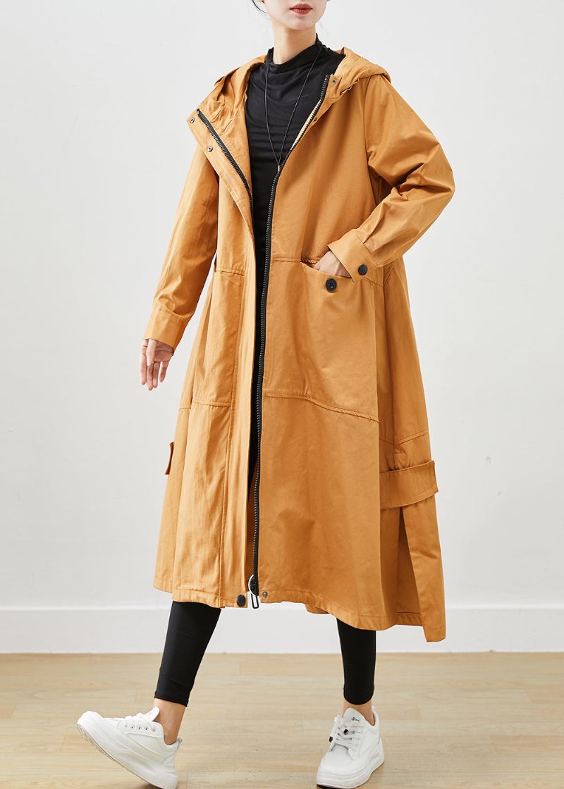 Khaki Løse Bomuld Trench Coats Hættelommer Fall