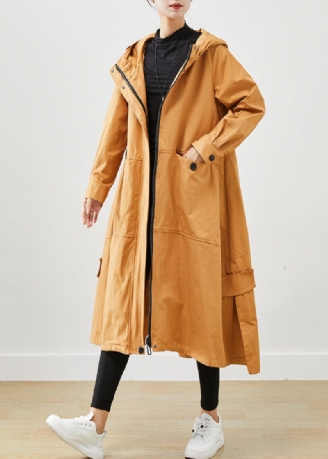 Khaki Løse Bomuld Trench Coats Hættelommer Fall