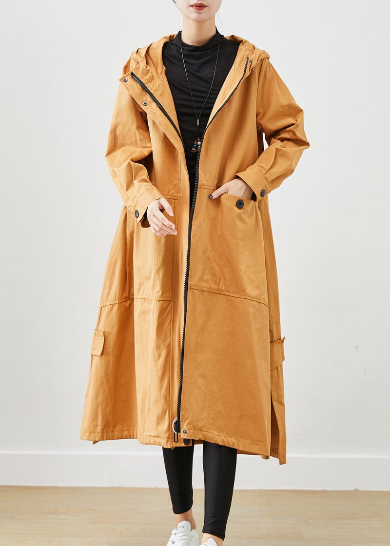 Khaki Løse Bomuld Trench Coats Hættelommer Fall - Dame trenchcoats