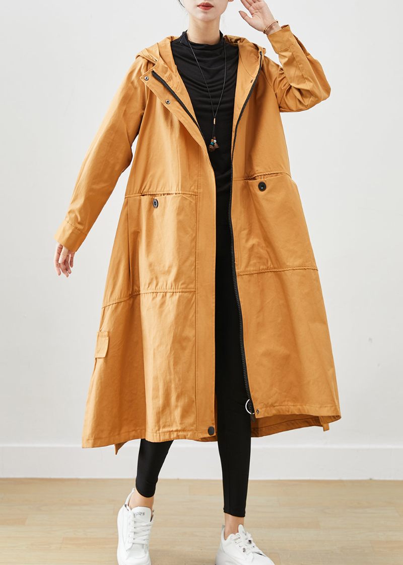 Khaki Løse Bomuld Trench Coats Hættelommer Fall - Dame trenchcoats