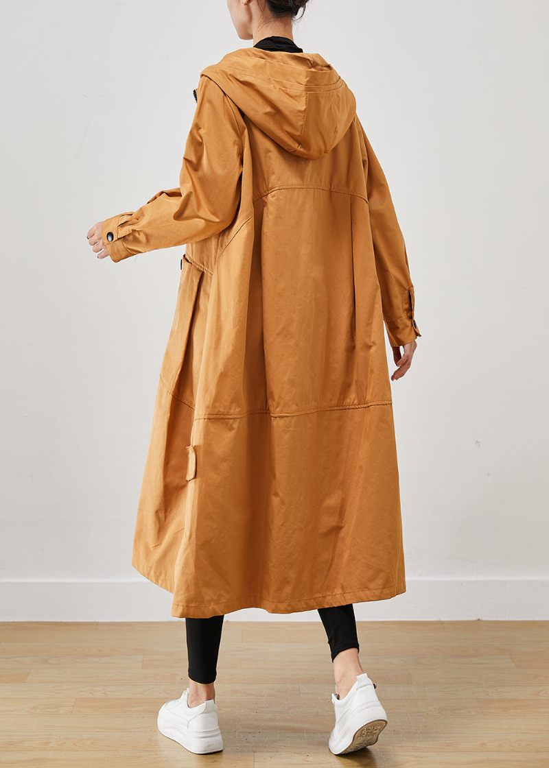 Khaki Løse Bomuld Trench Coats Hættelommer Fall - Dame trenchcoats