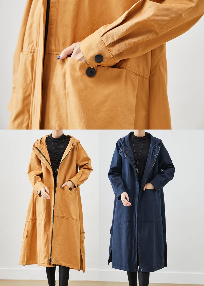 Khaki Løse Bomuld Trench Coats Hættelommer Fall - Dame trenchcoats