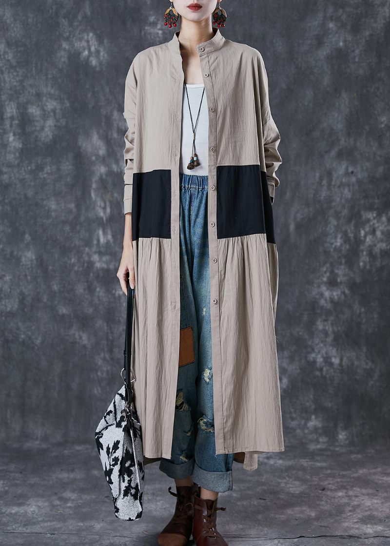 Khaki Patchwork Bomuld Trench Coats Stand Collar Spring - Dame trenchcoats