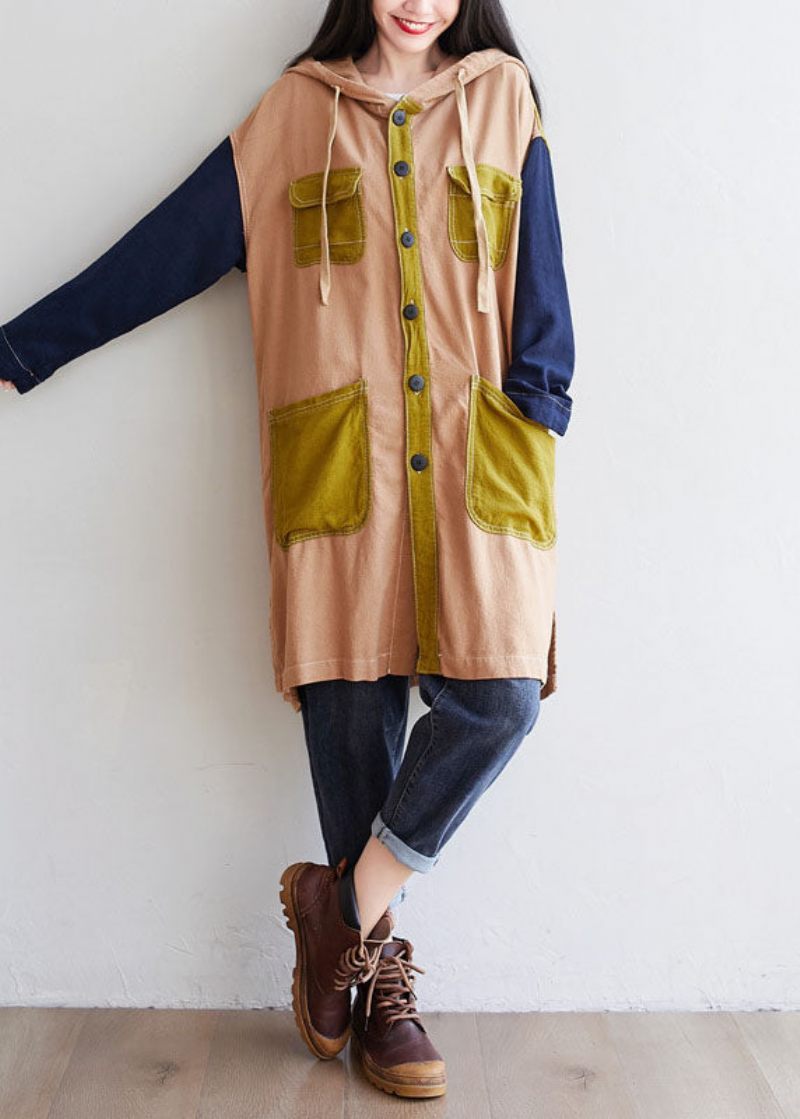 Khaki Patchwork Linen Coat Oversized Træksnorfjeder