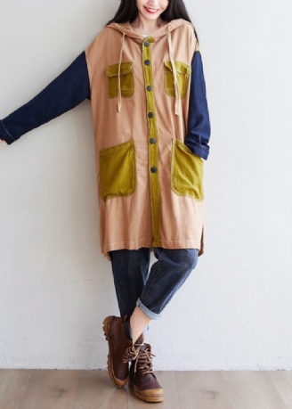 Khaki Patchwork Linen Coat Oversized Træksnorfjeder