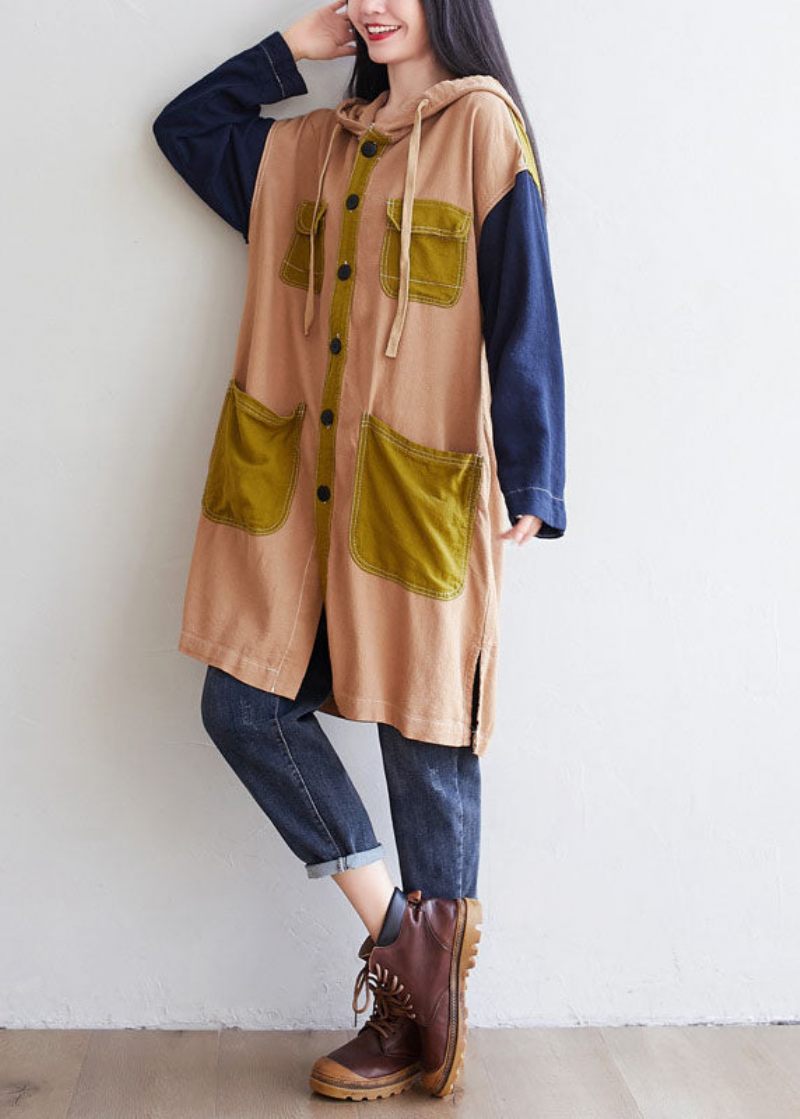 Khaki Patchwork Linen Coat Oversized Træksnorfjeder - Dame trenchcoats