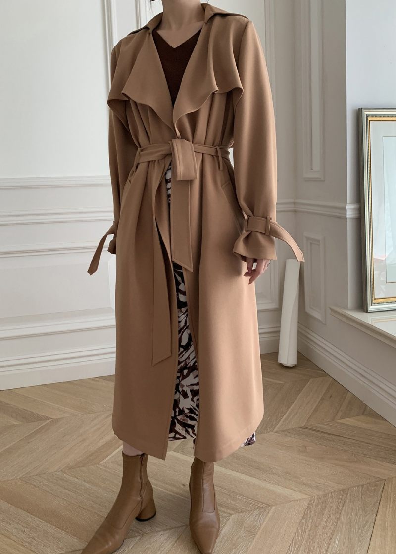 Khaki Peter Pan Krave Tie Talje Trench Coats Langærmet - Kaki