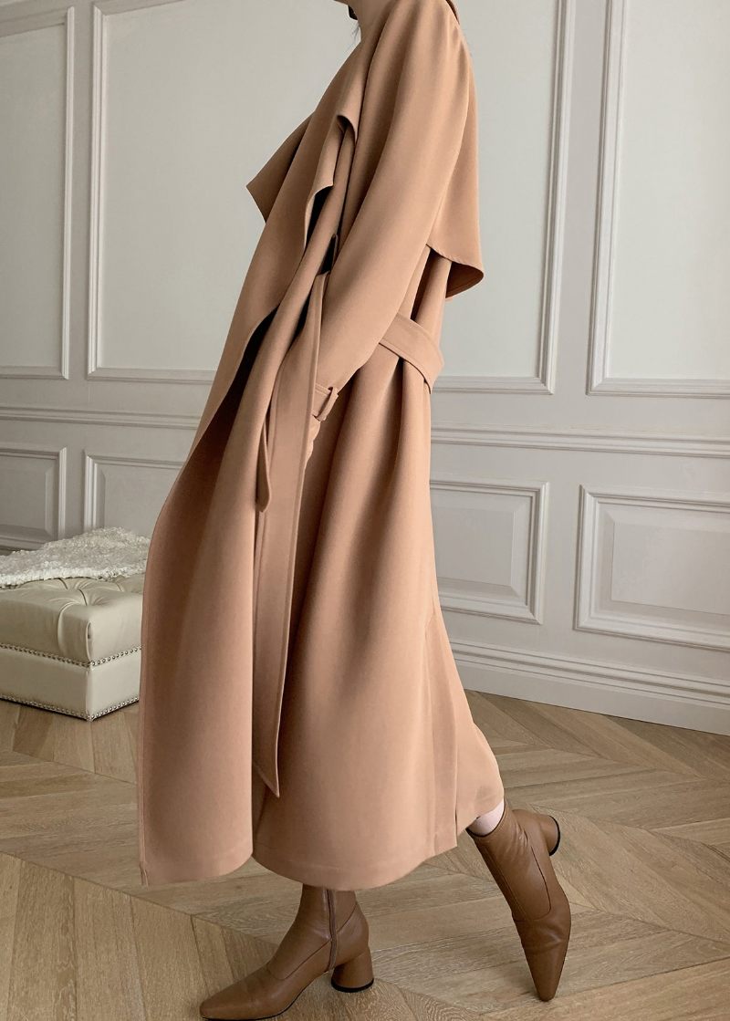 Khaki Peter Pan Krave Tie Talje Trench Coats Langærmet - Kaki