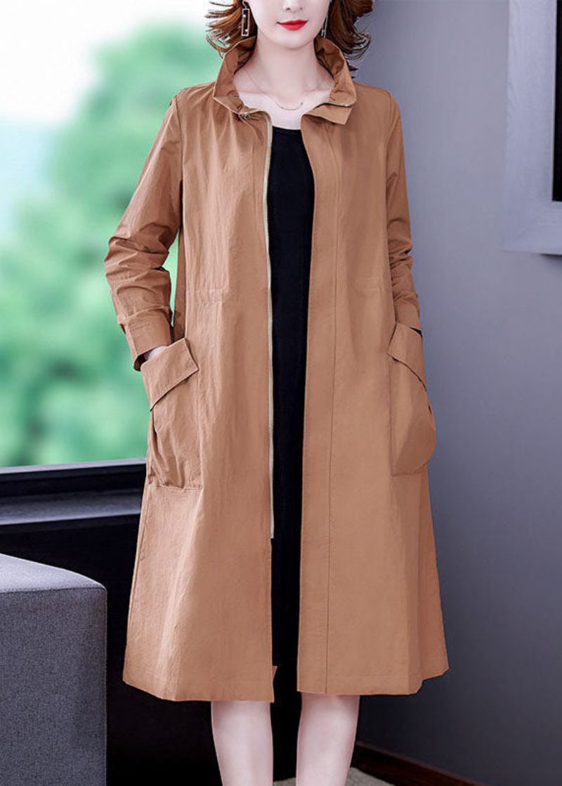 Khaki Solid Silk Trench Langærmet Med Lynlås