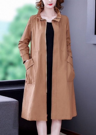 Khaki Solid Silk Trench Langærmet Med Lynlås