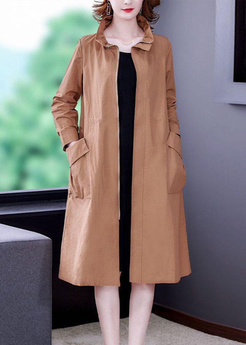 Khaki Solid Silk Trench Langærmet Med Lynlås - Kaki