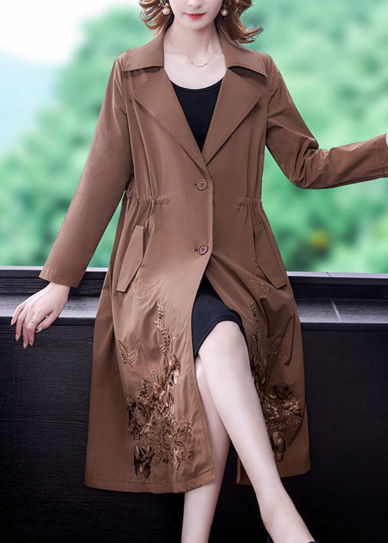 Khaki Solid Spandex Cinch Trench Coat Indhakket Krave Fall - Kaki