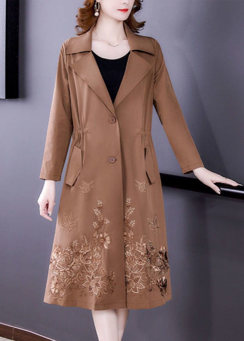 Khaki Solid Spandex Cinch Trench Coat Indhakket Krave Fall - Kaki