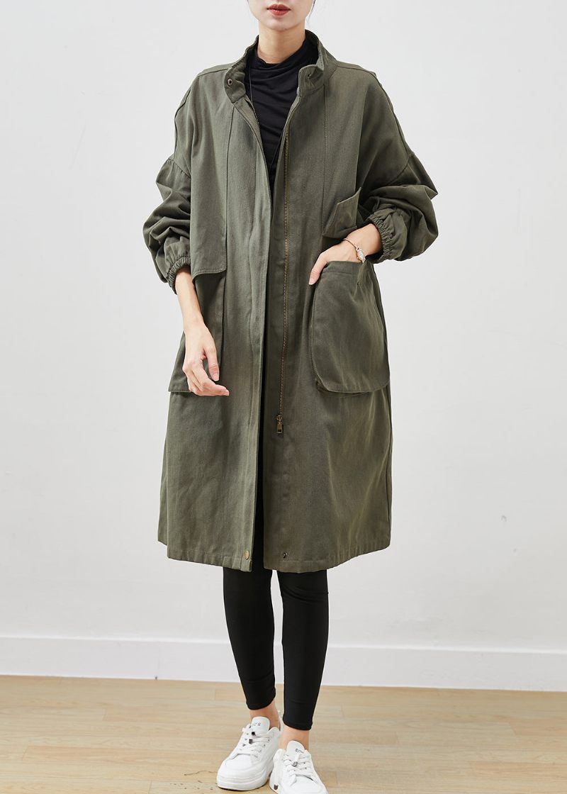 Klassisk Army Grøn Oversized Lommer Bomuld Frakke Outwear Spring - Dame trenchcoats