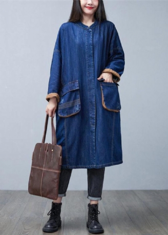 Klassisk Blå Standkrave Overdimensionerede Lommer Bomuld Denim Trench Coat Spring