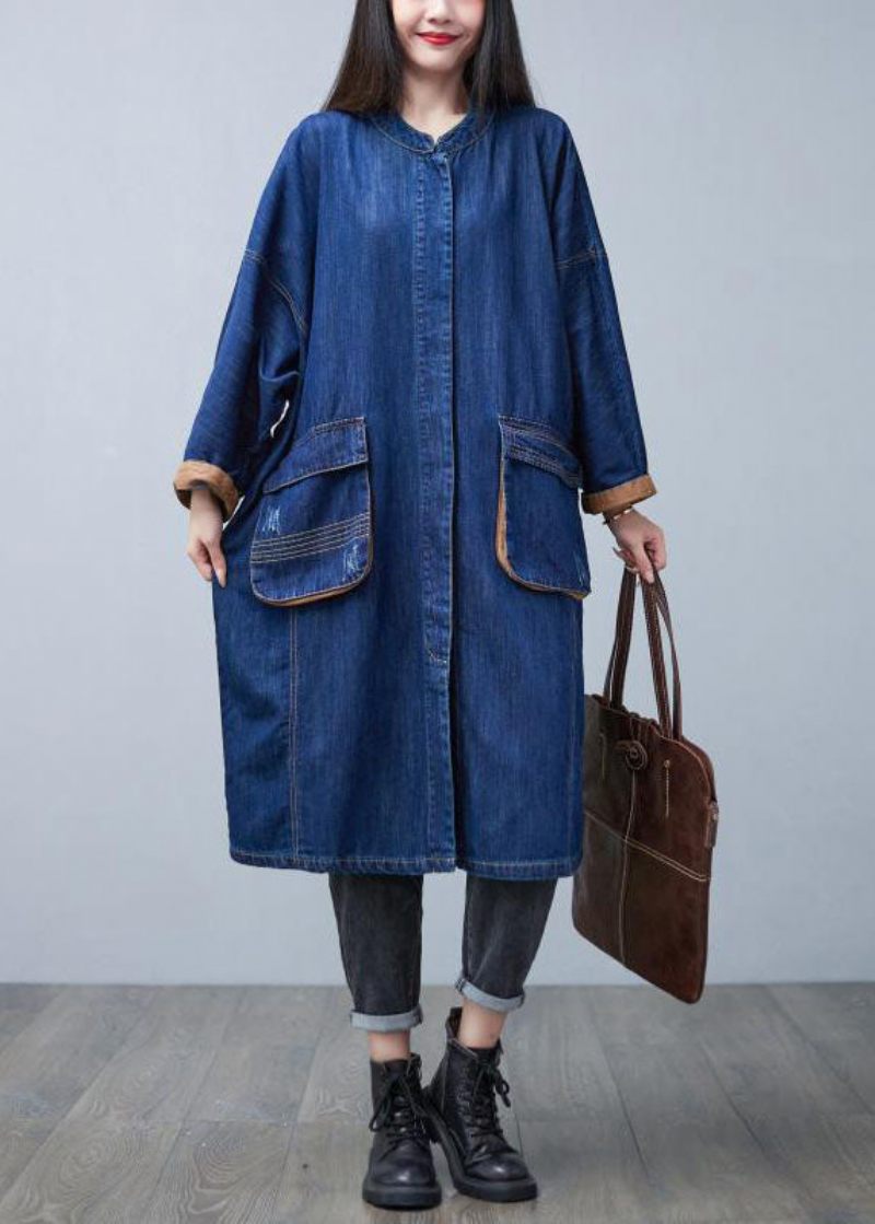 Klassisk Blå Standkrave Overdimensionerede Lommer Bomuld Denim Trench Coat Spring - Dame trenchcoats